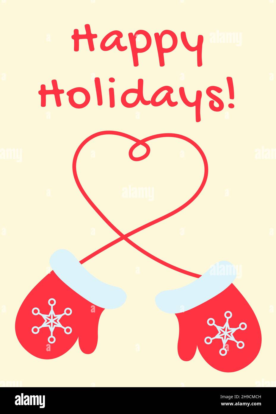 Carte Happy Holidays avec moufles et forme de coeur.Concept hiver  amoureux.Joyeux Noël et bonne carte postale du nouvel an.Imprimer pour l' invitation, l'affiche Image Vectorielle Stock - Alamy