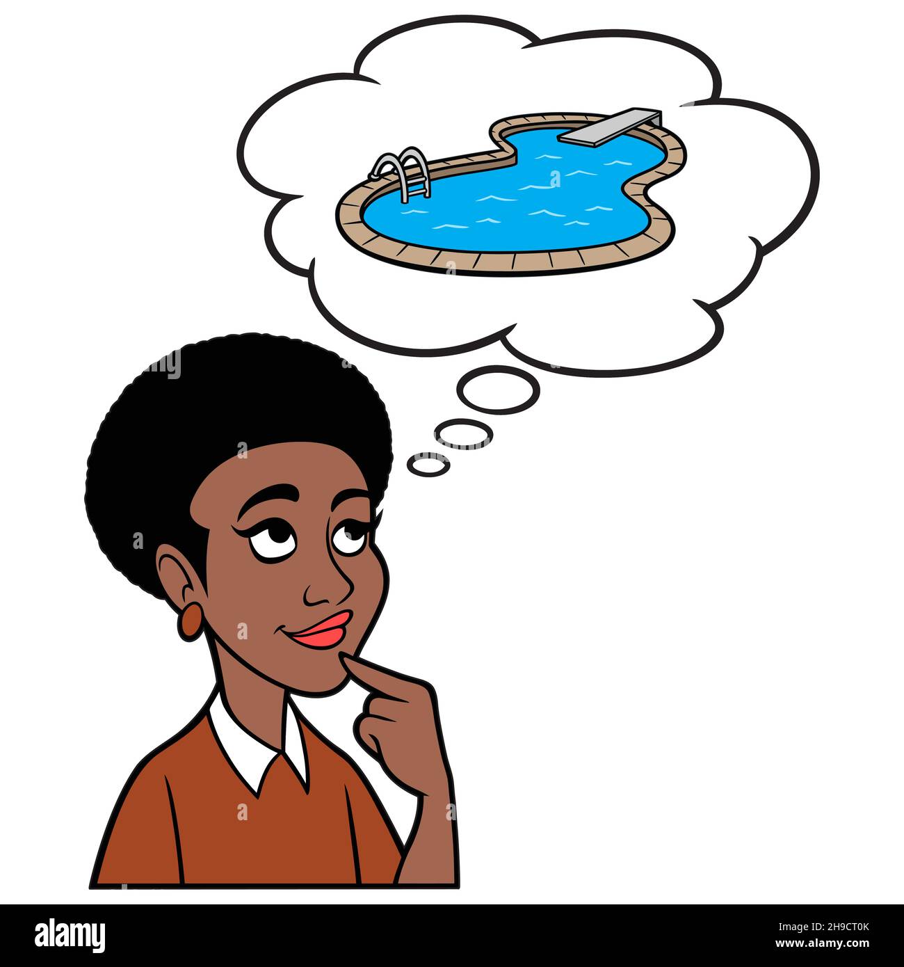 Femme noire pensant à une piscine - Une illustration de dessin animé d'une femme noire pensant à une nouvelle piscine. Illustration de Vecteur