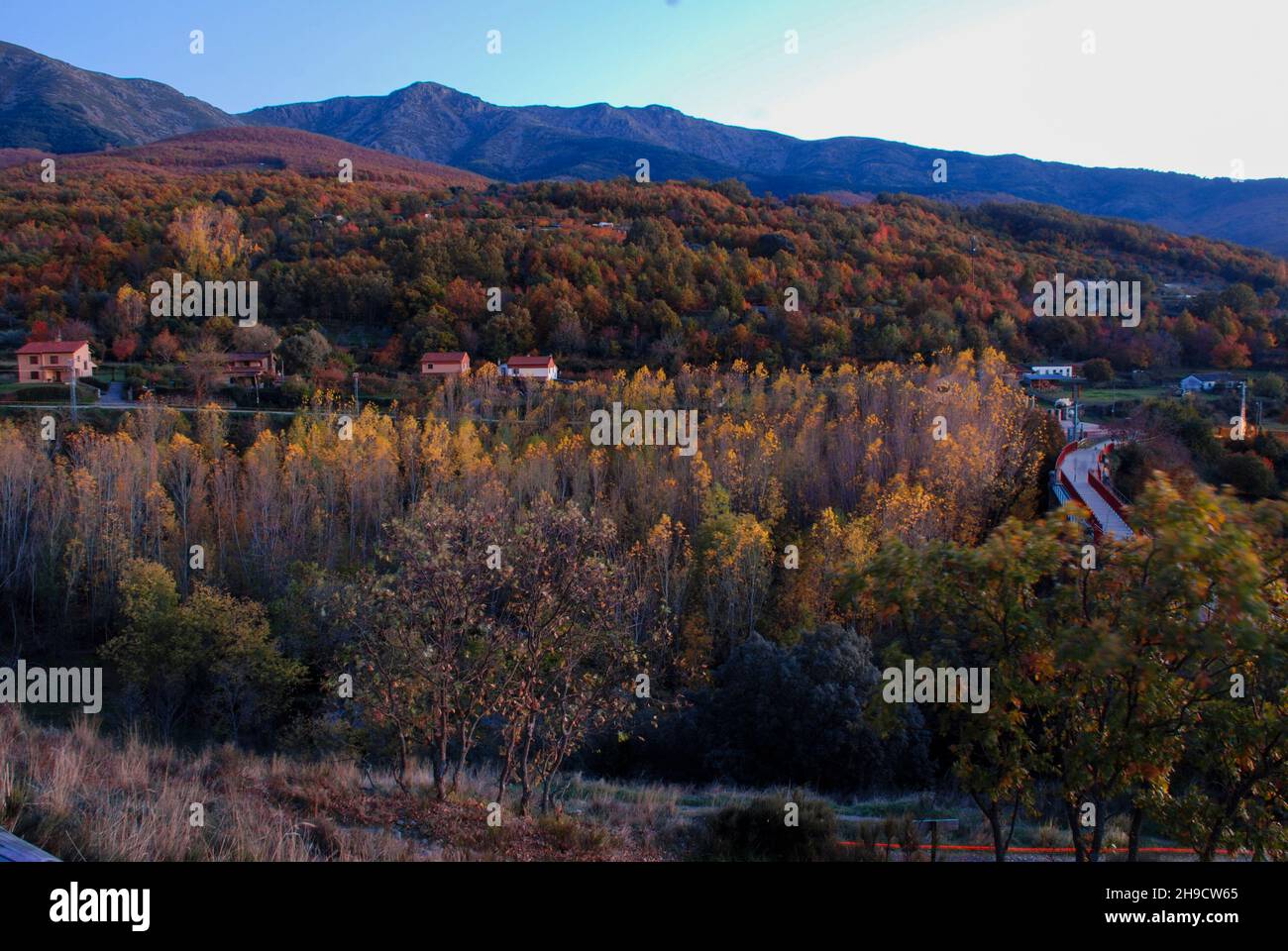 Vue Monte de Hervas via verde via de la Plata automne couleurs ocre jaune vert coucher de soleil Banque D'Images