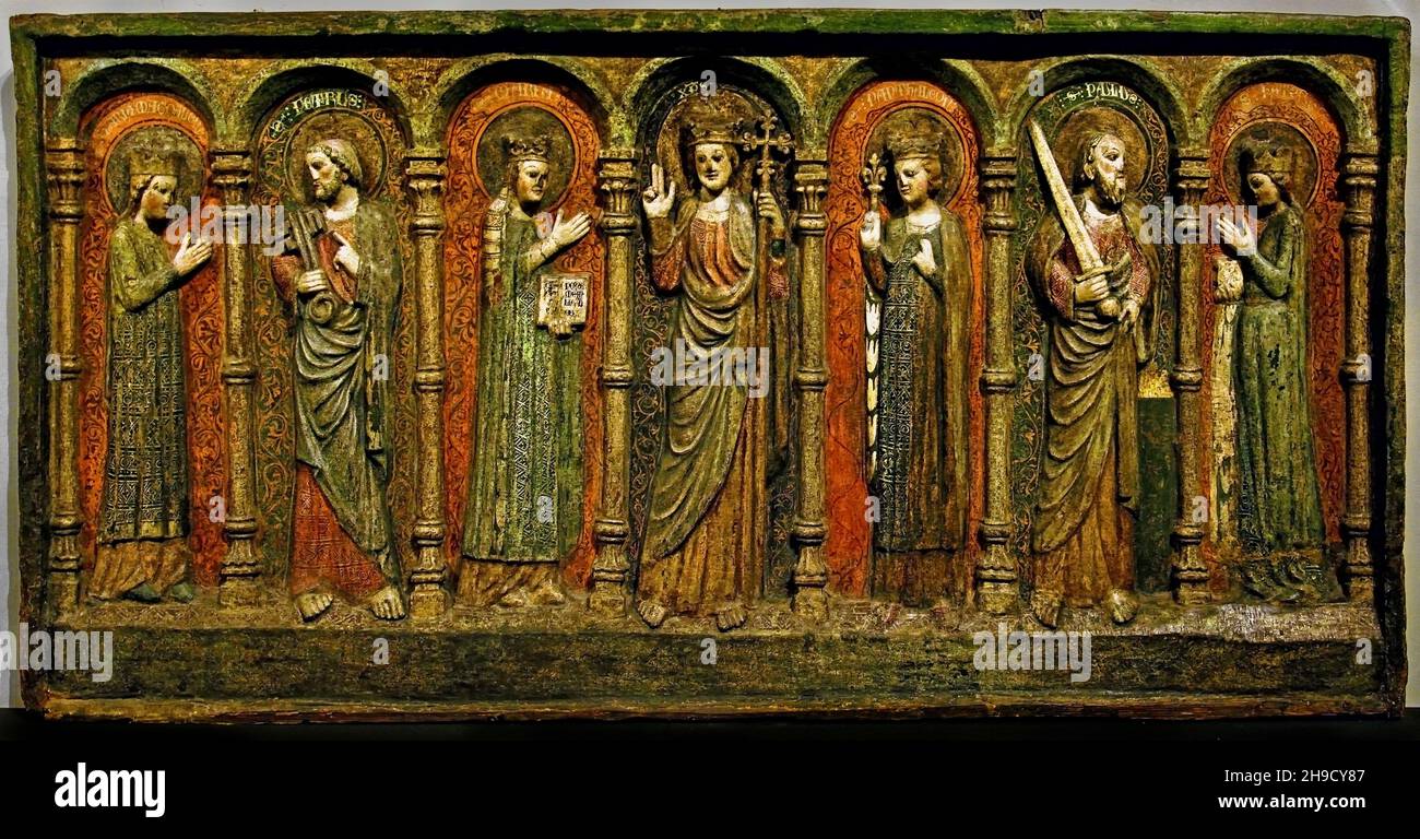 C'est un 'paliotto' (devant un autel, le Christ et la Vierge, et les saints Marie Magdalene, Pierre, Pantaléon, Paul et Catherine,1240. Italie, Italien. Banque D'Images