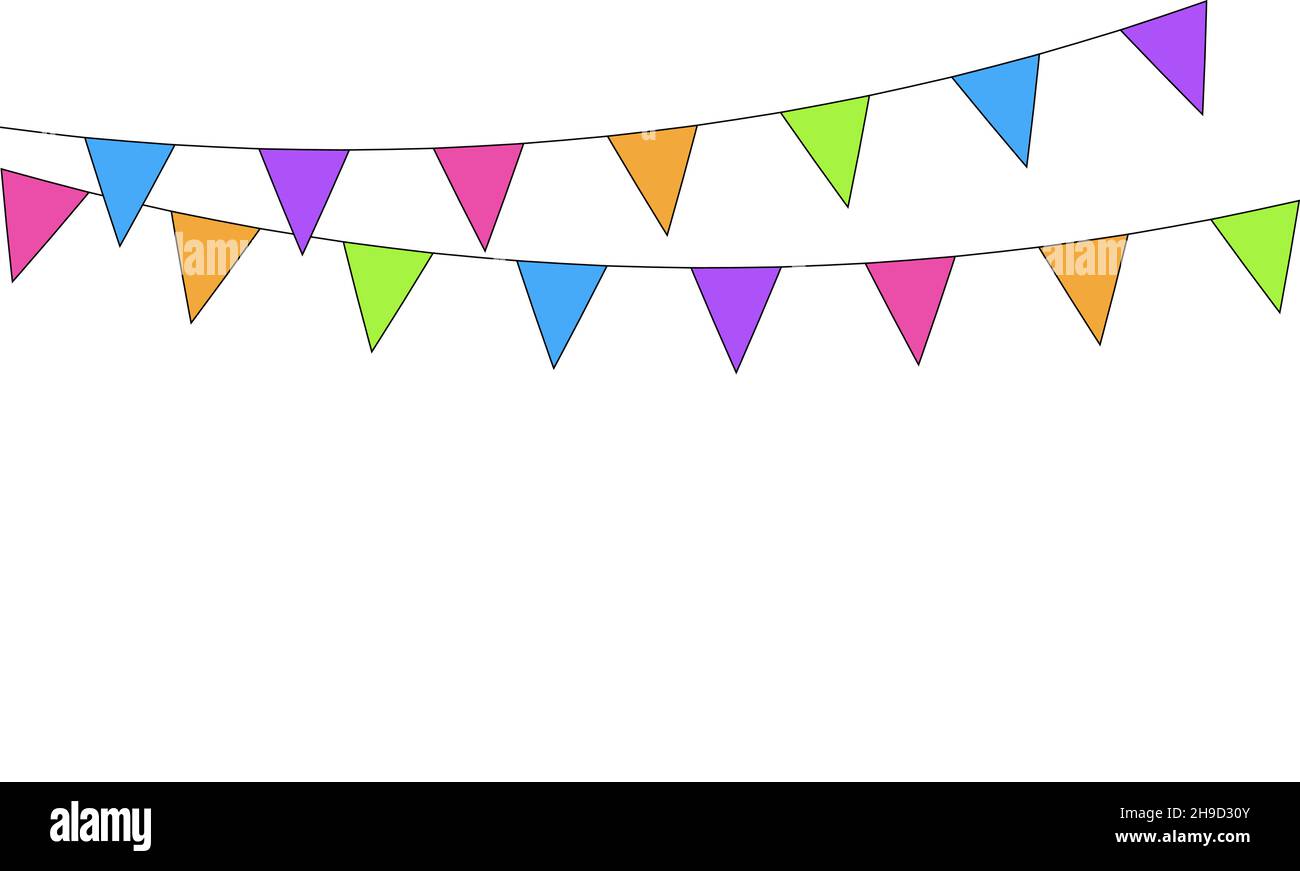 Bannière avec drapeaux multicolores sur fond blanc.Fanions décoratifs colorés pour la fête d'anniversaire, le festival et la décoration de foire Illustration de Vecteur