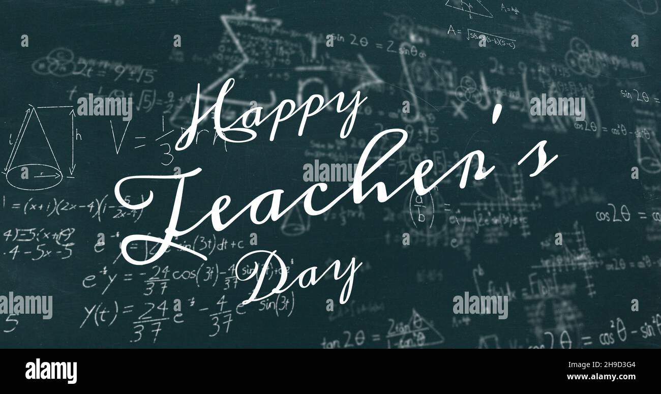 Image vectorielle du texte du jour de l'enseignant heureux contre le tableau noir avec des formules mathématiques Banque D'Images