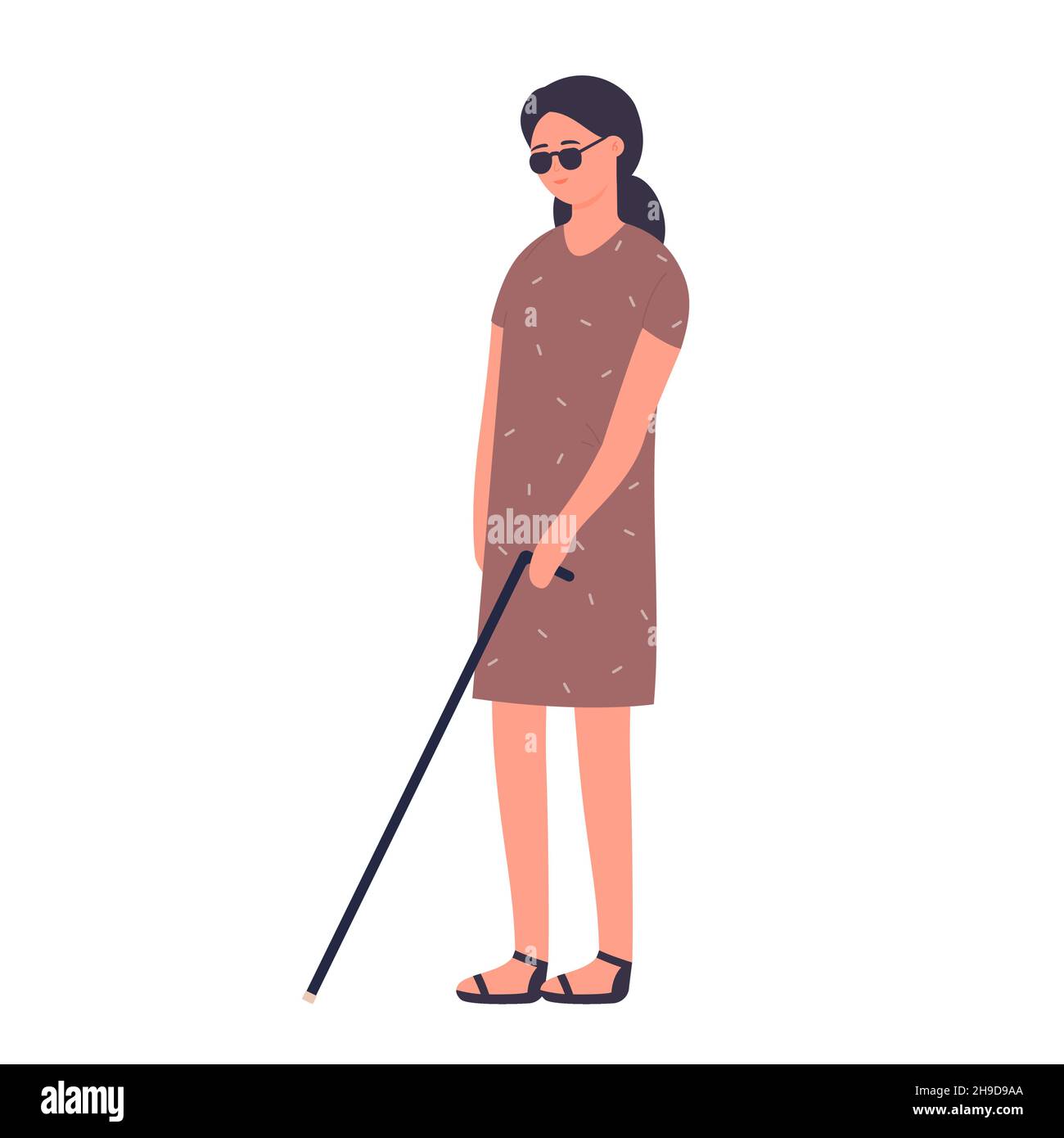 Fille aveugle handicapée avec baguette de palpage de marche.Femme malvoyante avec illustration vectorielle de canne blanche Illustration de Vecteur