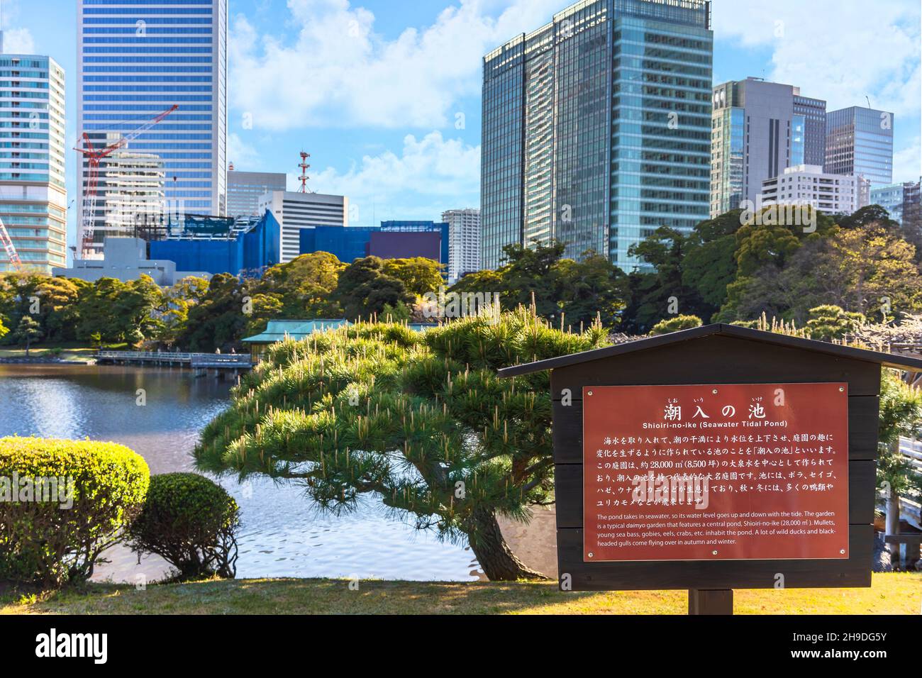 tokyo, japon - avril 09 2021 : panneau d'instruction en plein air illustrant l'histoire de l'étang de marée d'eau de mer appelé Shiori-no-ike dans les jardins de Hama-rikyū Banque D'Images