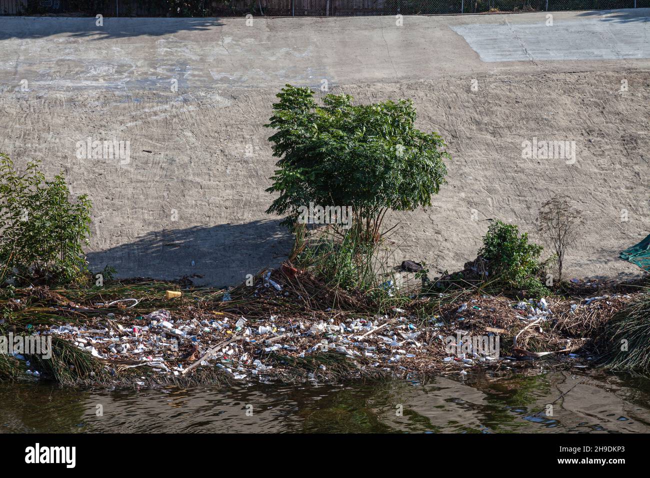 Le plastique, la mousse de polystyrène et les autres déchets s'écoulent des canaux de tempête et se lavent le long des rives du ruisseau Ballona après la première pluie majeure des mers Banque D'Images