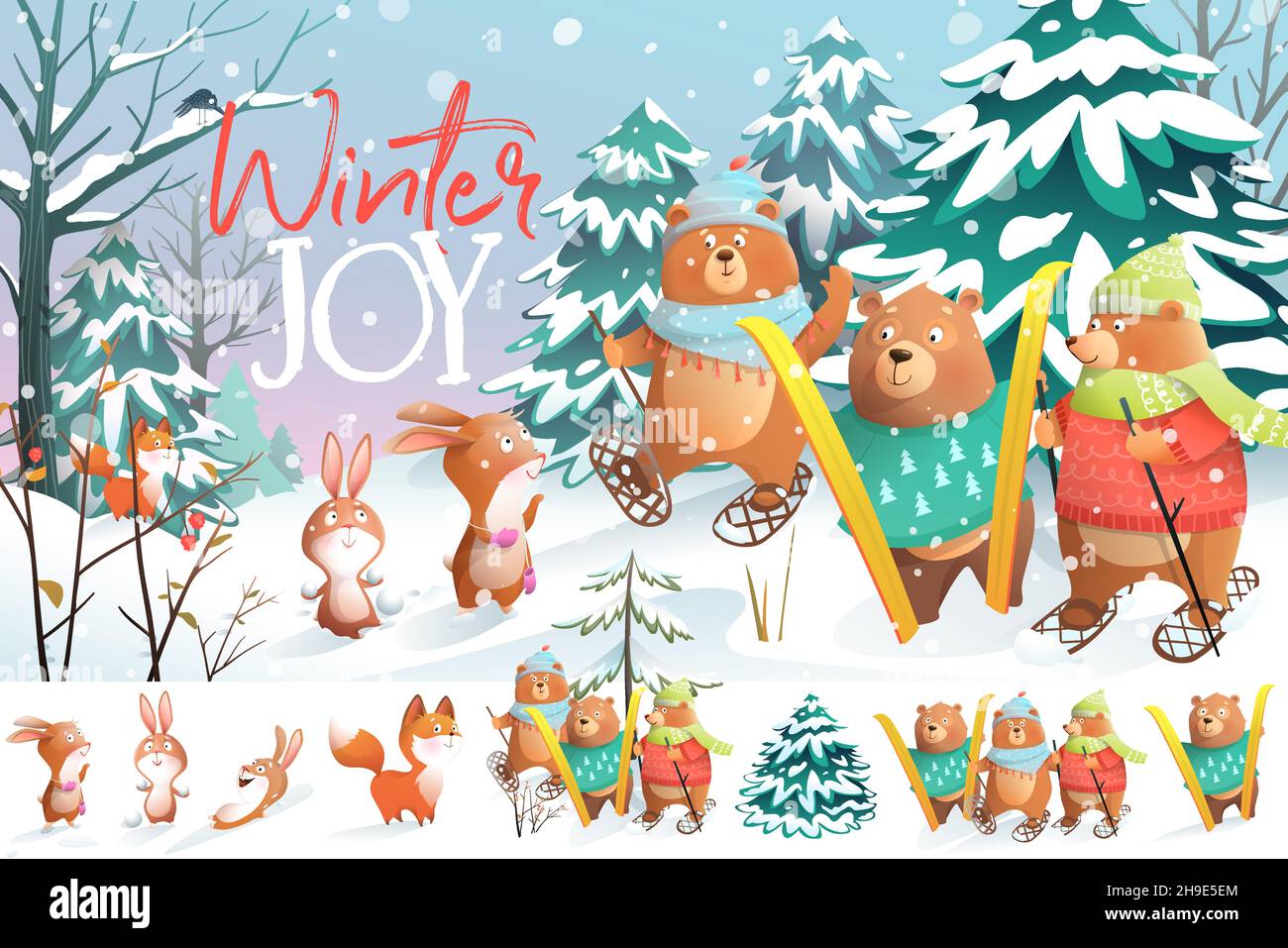 Animaux en hiver Forêt de Noël jouer et ski Illustration de Vecteur