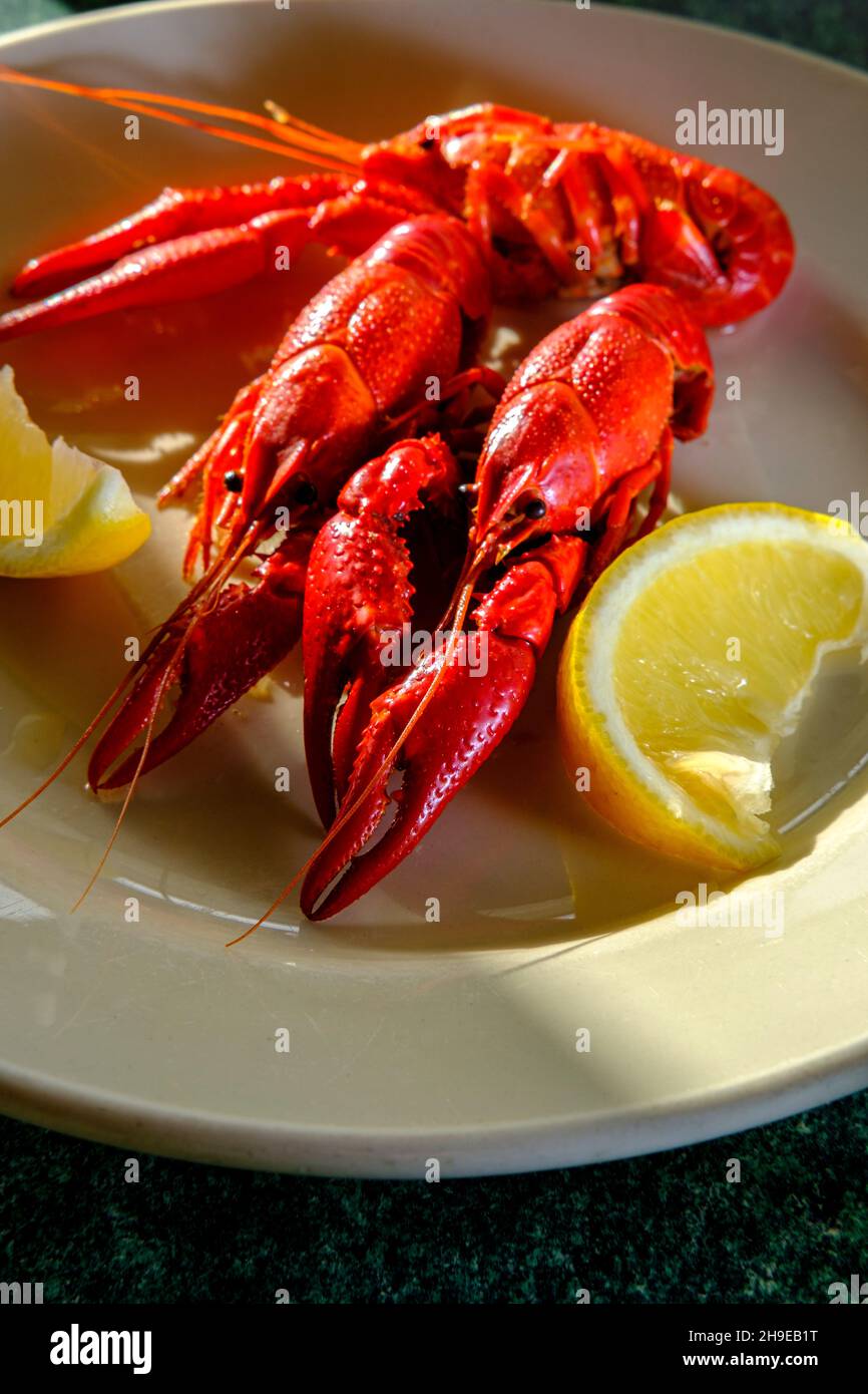 Dîner de fruits de mer au crabe bouilli servi avec des quartiers de citron Banque D'Images