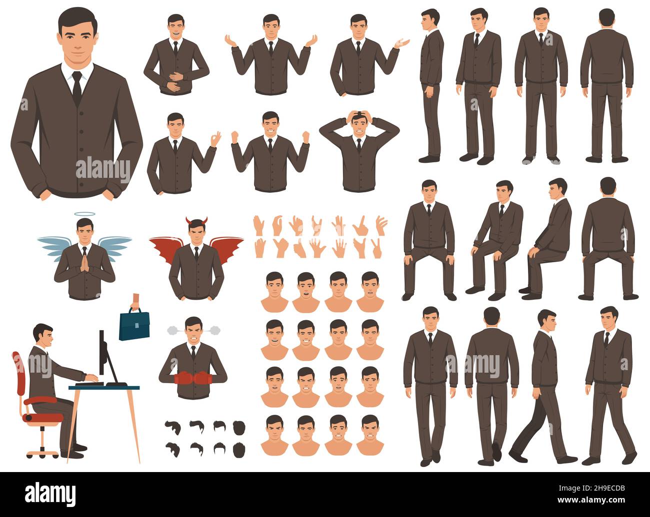 Style décontracté composé de poses de personnage d'homme d'affaires vectorisé.Pleine longueur, gestes, émotions, avant, côté,vue arrière. Illustration de Vecteur