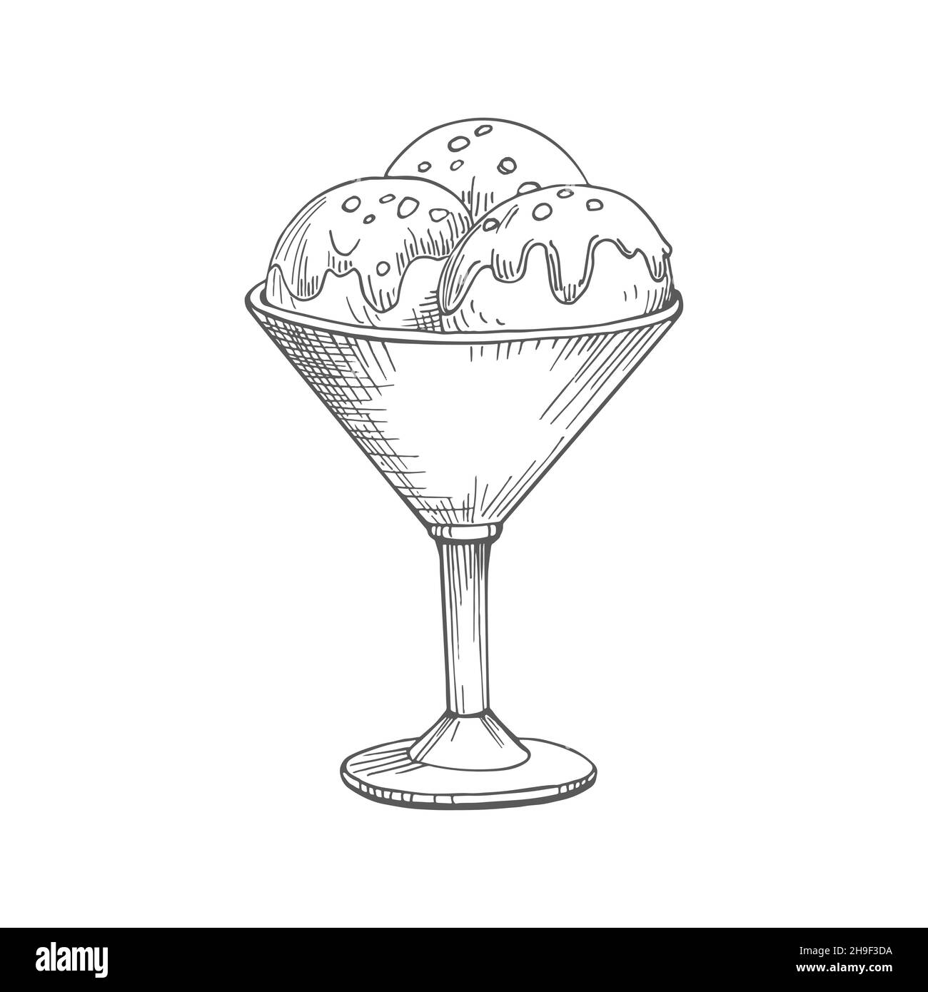Boules de crème glacée dans une tasse de verre.Illustration vectorielle esquisse de boules de glace dessinées à la main avec confiture de chocolat dans la verrerie isolée sur fond blanc. Illustration de Vecteur
