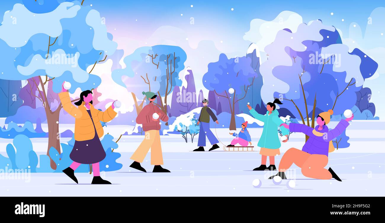 les gens jouant des boules de neige hommes femmes et enfants faisant des activités d'hiver noël fête des fêtes du nouvel an Illustration de Vecteur