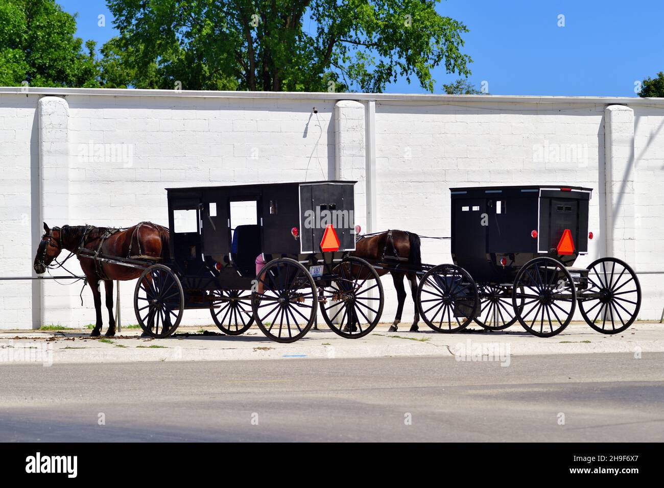 Lagrange, Indiana, États-Unis.Des calèches amish tirées par des chevaux ou des buggies liées à un poste d'attelage attendent leur propriétaire à l'extérieur d'un magasin. Banque D'Images