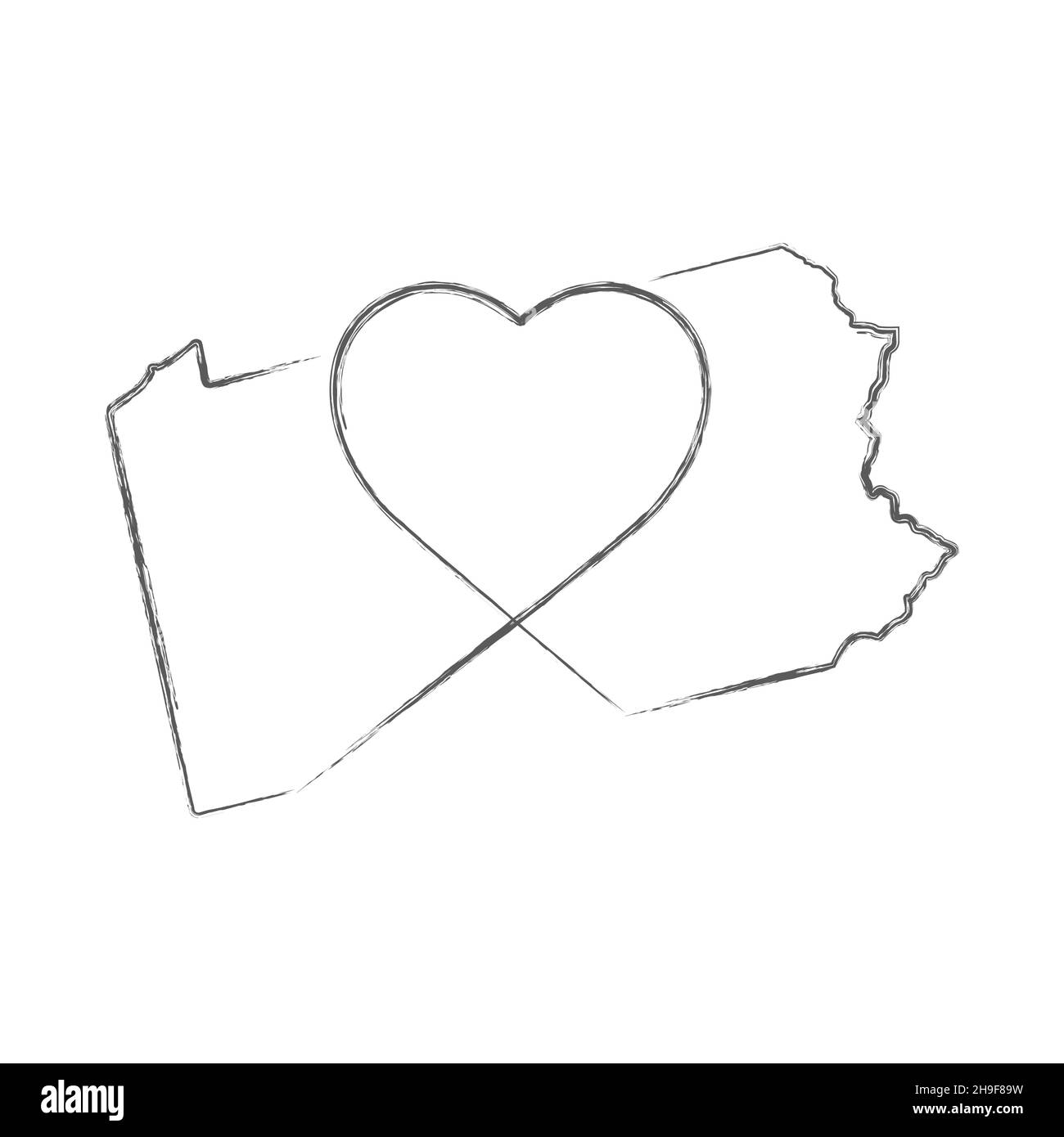 Pennsylvania US State dessin à la main crayon esquisse carte avec la forme de coeur.Dessin de ligne continue de signe de maison patriotique.Un amour pour une petite homela Illustration de Vecteur