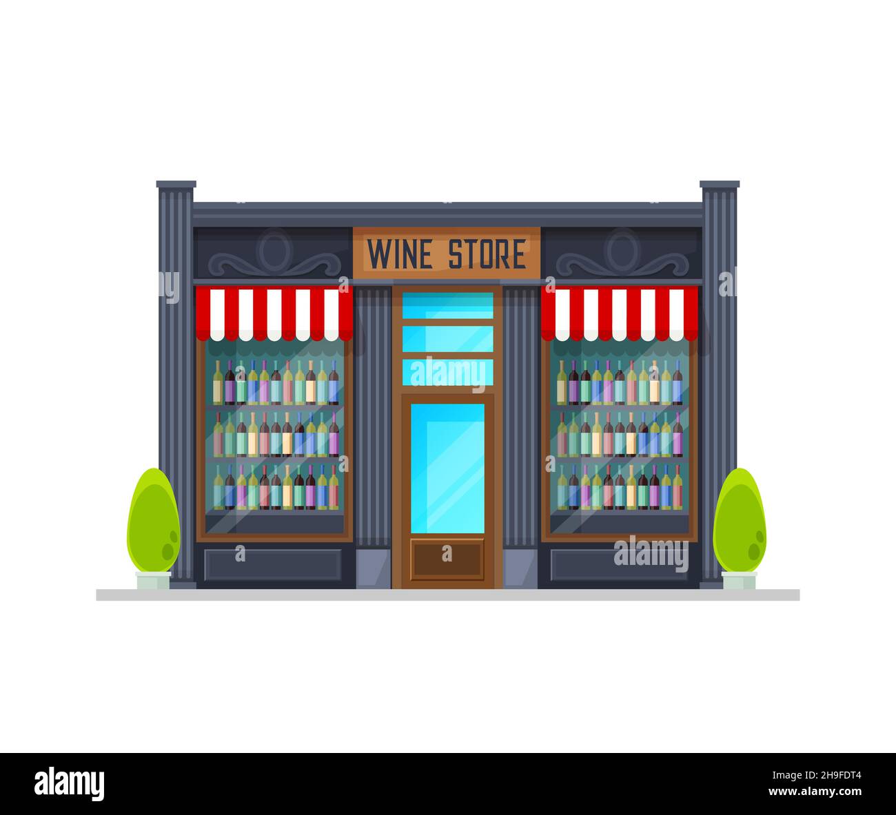 Magasin de vins, magasin vectoriel devant avec bouteilles d'alcool sur les étagères et auvent au-dessus de la fenêtre, porte en verre et panneau d'affichage.Façade de magasin isolée g Illustration de Vecteur