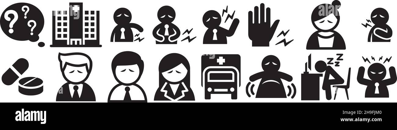 Office syndrome Icon set solide rempli glyph pack collection vecteur transparent arrière-plan pour les applications mobiles et les conceptions Web Illustration de Vecteur