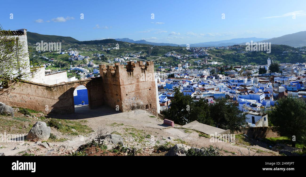 Les murs de la médina de Chefchaouen, montagnes de Rif, Maroc. Banque D'Images