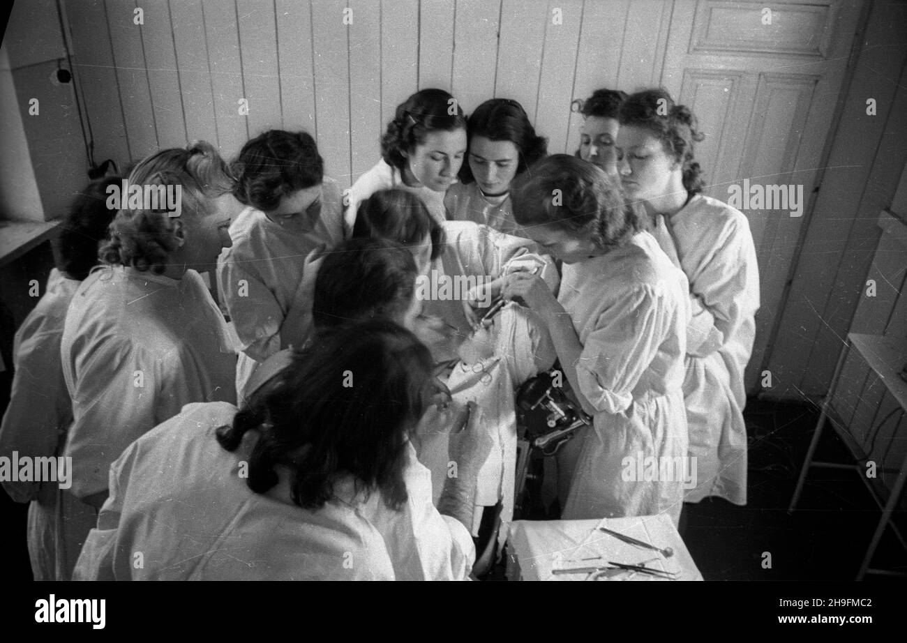 Wroc³aw, 1948-03.Liceum stomatologiczne W zespole szkó³ zawodowych przy ul.Józefa Ludwika Hauke-Bosaka 21.NZ. Zajêcia praktyczne W sali zabiagowej. uu PAP Dok³adny dzieñ wydarzenia nieustalony.Wroclaw, mars 1948.École de dentisterie au complexe de formation professionnelle situé au 21, rue Jozefa Ludwika Hauke-Bosaka.Photo : cours pratiques dans une salle de traitement. uu PAP Banque D'Images