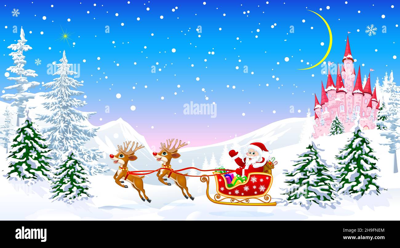 Le Père Noël avec rennes dans la forêt enneigée d'hiver.Nuit de la veille de Noël.Château rose de la princesse.Des montagnes enneigées.L'étoile de Noël et la lune sont Illustration de Vecteur
