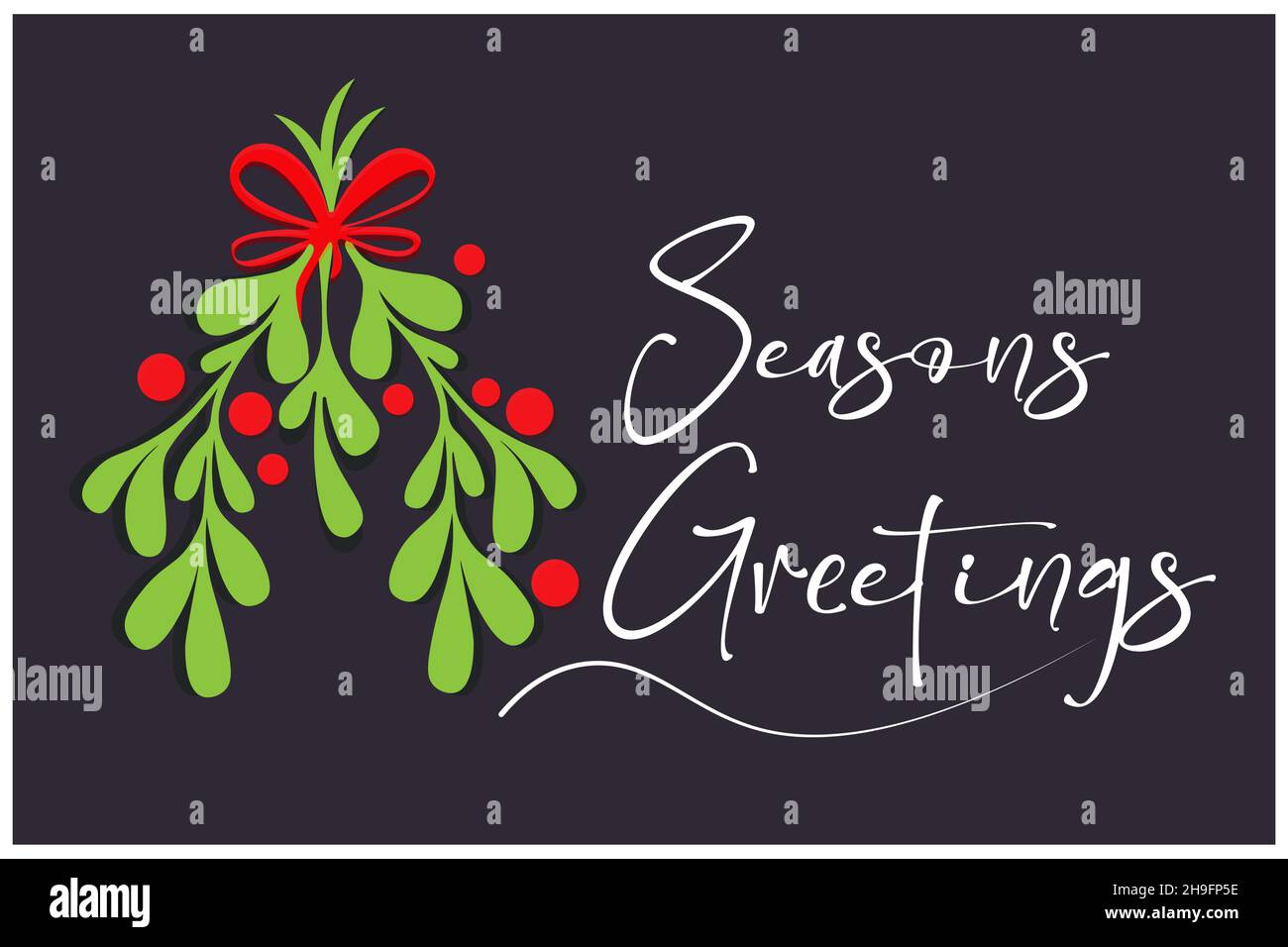 Seasons Greetings calligraphie blanche sur un fond sombre de fête avec bouquet de houx festif et neige.Idéal pour les cartes de vacances, bannières, etc. - Vector EPS Illustration de Vecteur