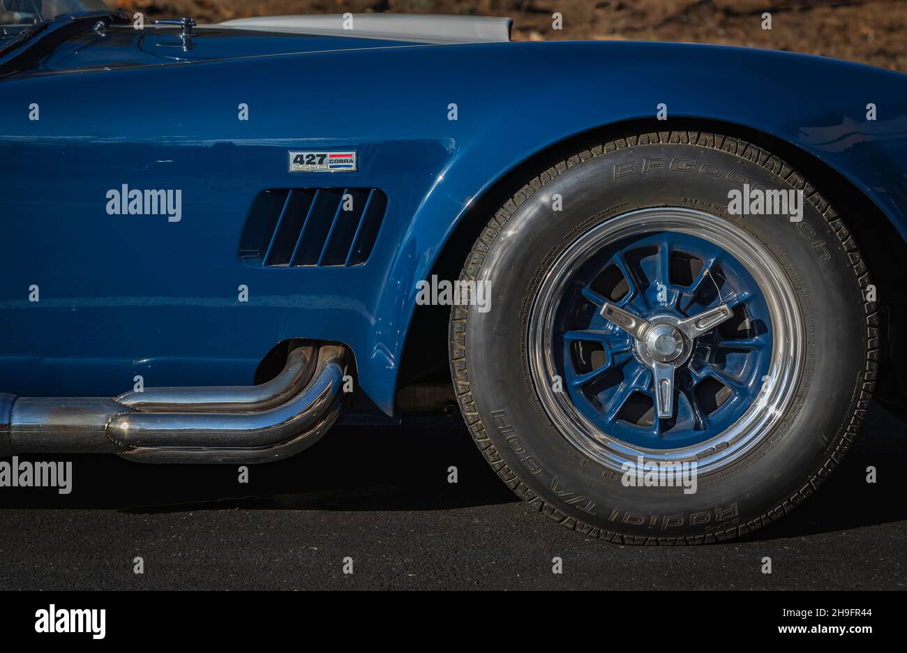 Placerville, États-Unis - 25 novembre 2020: Voiture classique de muscle américain rare, cabriolet vintage bleu 1967 Ford Shelby Cobra 427, gros plan du logo Banque D'Images