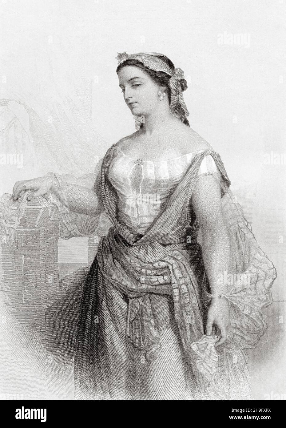 Esther (née Hadassah) était une femme de la Bible hébraïque, la reine d'Ahasuerus et l'héroïne du Livre biblique d'Esther.Ancienne illustration gravée du XIXe siècle de Mugères de la Biblia par Joaquin Roca y Cornet 1862 Banque D'Images