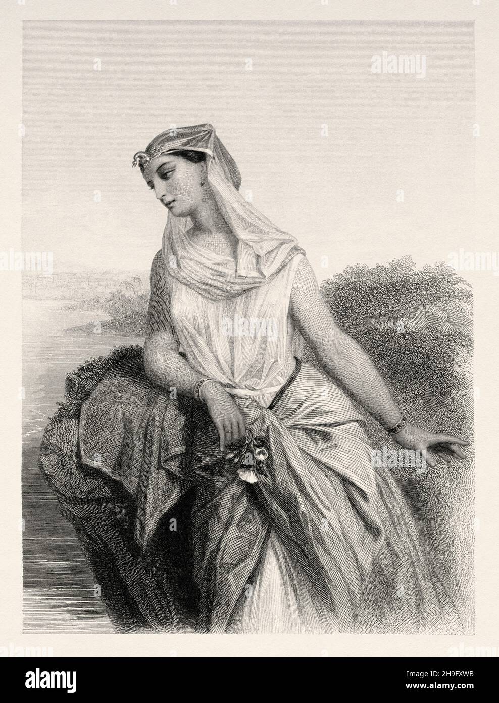 La fille de Pharaon caractère biblique mentionné dans le Livre d'Exode.Ancienne illustration gravée du XIXe siècle de Mugères de la Biblia par Joaquin Roca y Cornet 1862 Banque D'Images