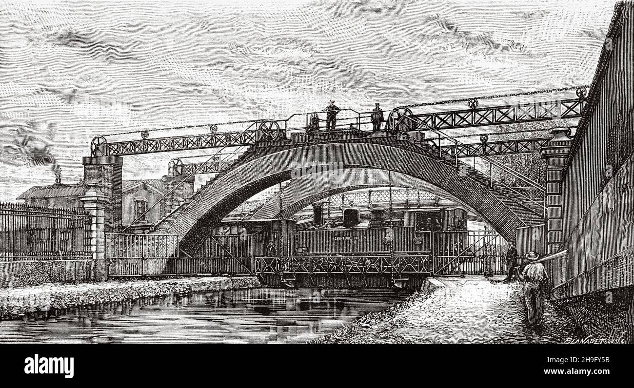 Pont levant sur le Canal de l'Ourcq, rue de Crimée, Paris, France, Europe.Ancienne illustration gravée du XIXe siècle de la nature 1885 Banque D'Images