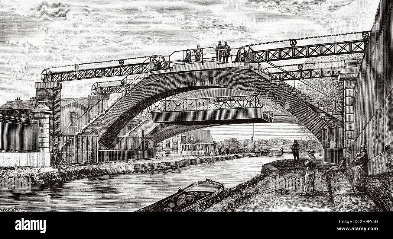 Pont levant sur le Canal de l'Ourcq, rue de Crimée, Paris, France, Europe.Ancienne illustration gravée du XIXe siècle de la nature 1885 Banque D'Images