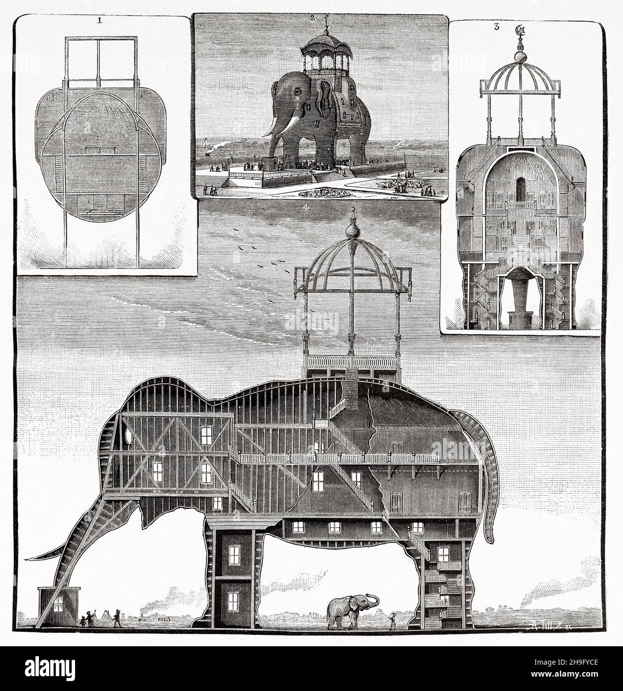 L'Elephantine Colossus était une attraction touristique située sur l'île Coney à Brooklyn, New York.Il a été construit en forme d'éléphant, un exemple d'architecture de nouveauté.United a déclaré.Ancienne illustration gravée du XIXe siècle de la nature 1885 Banque D'Images