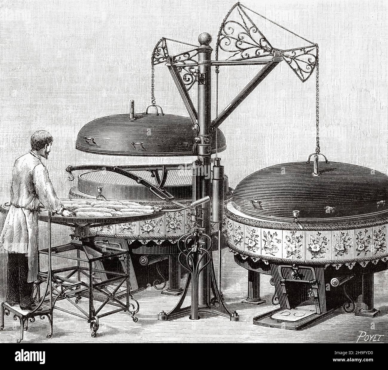 Fours de la boulangerie mécanique sur l'avenue de l'Opéra Paris, France.Ancienne illustration gravée du XIXe siècle de la nature 1885 Banque D'Images