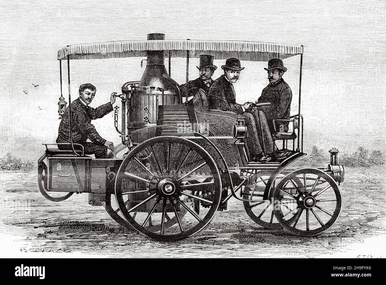 Le paeton à vapeur de Dion, Bouton et Trepardoux.Ancienne illustration gravée du XIXe siècle de la nature 1885 Banque D'Images
