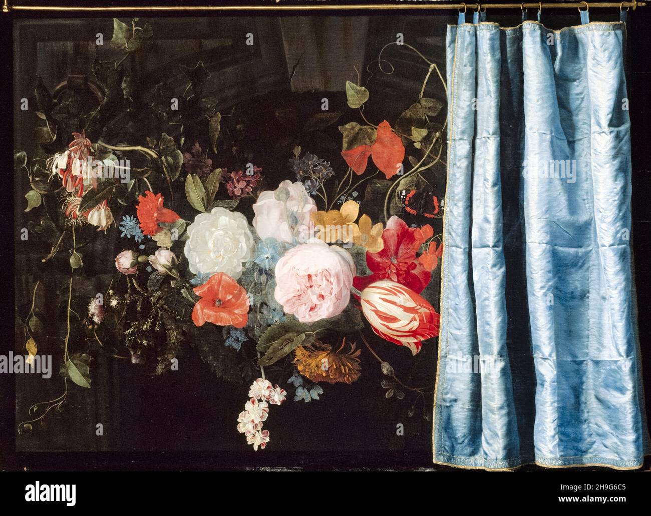 Adriaen van der spelt, Frans van Mieris, trompe-l'oeil: Encore la vie avec un guirlande de fleurs et un rideau, peinture, 1658 Banque D'Images