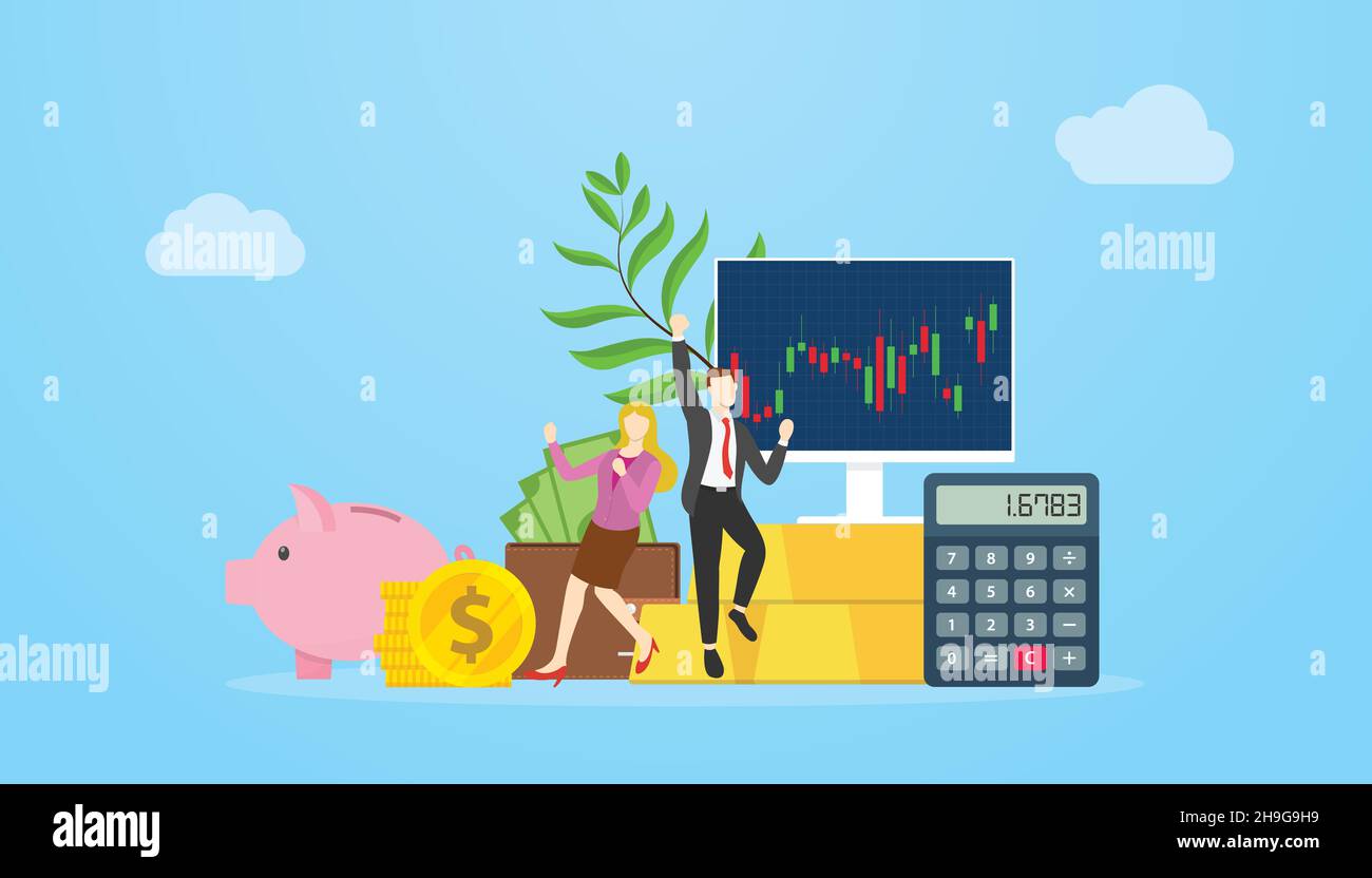 réussite de la croissance des affaires d'investissement avec investisseur heureux et instrument d'investissement avec l'illustration moderne de style plat de vecteur Banque D'Images