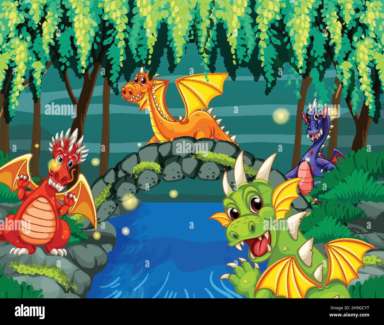 Dragons dans l'illustration d'arrière-plan de forêt enchantée Illustration de Vecteur