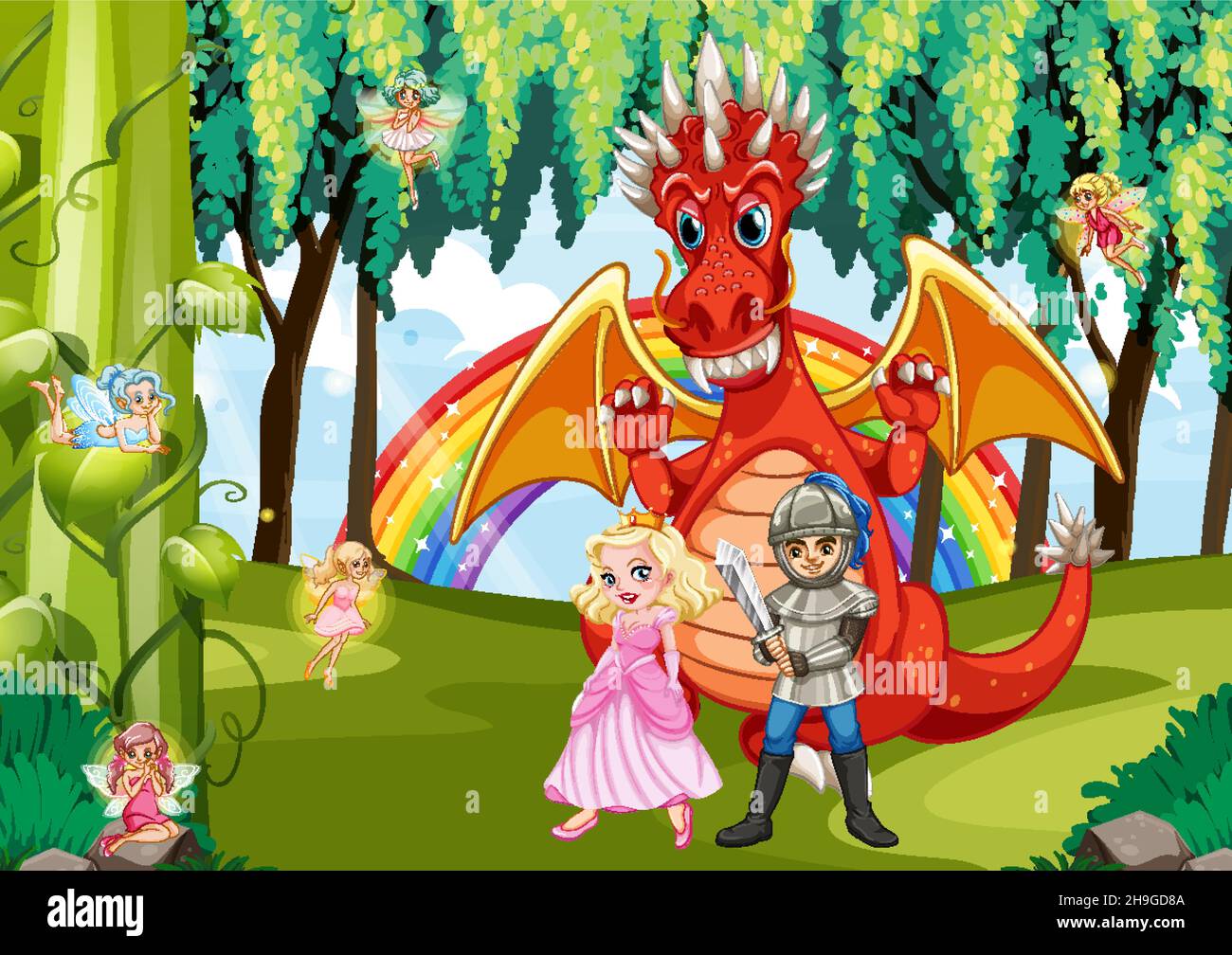Dessin animé dragon et chevalier dans une illustration de forêt enchantée Illustration de Vecteur