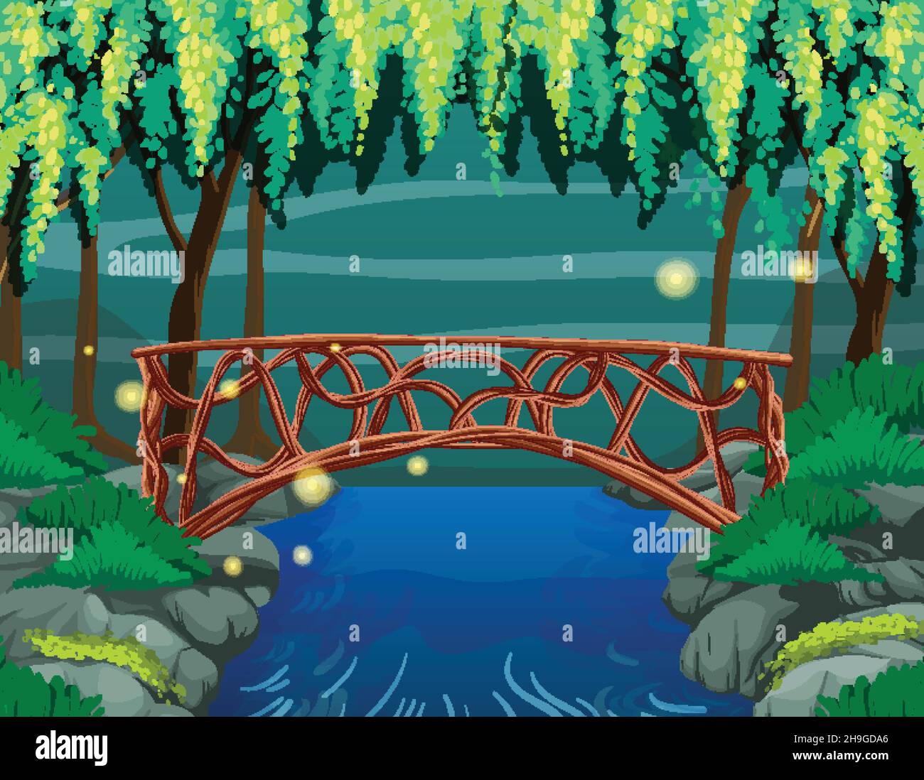 Scène de jardin enchantée avec illustration du pont de pierre Illustration de Vecteur