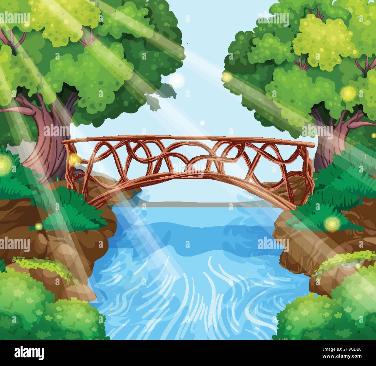 Jardin enchanté avec illustration du pont de pierre Illustration de Vecteur