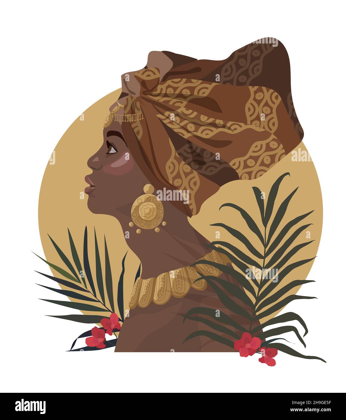 Belle femme, turban, Kente Head Wrap africain, boucles d'oreilles traditionnelles en or, feuilles de palmier tropicales, fond blanc isolé.3D Illustration vectorielle Banque D'Images
