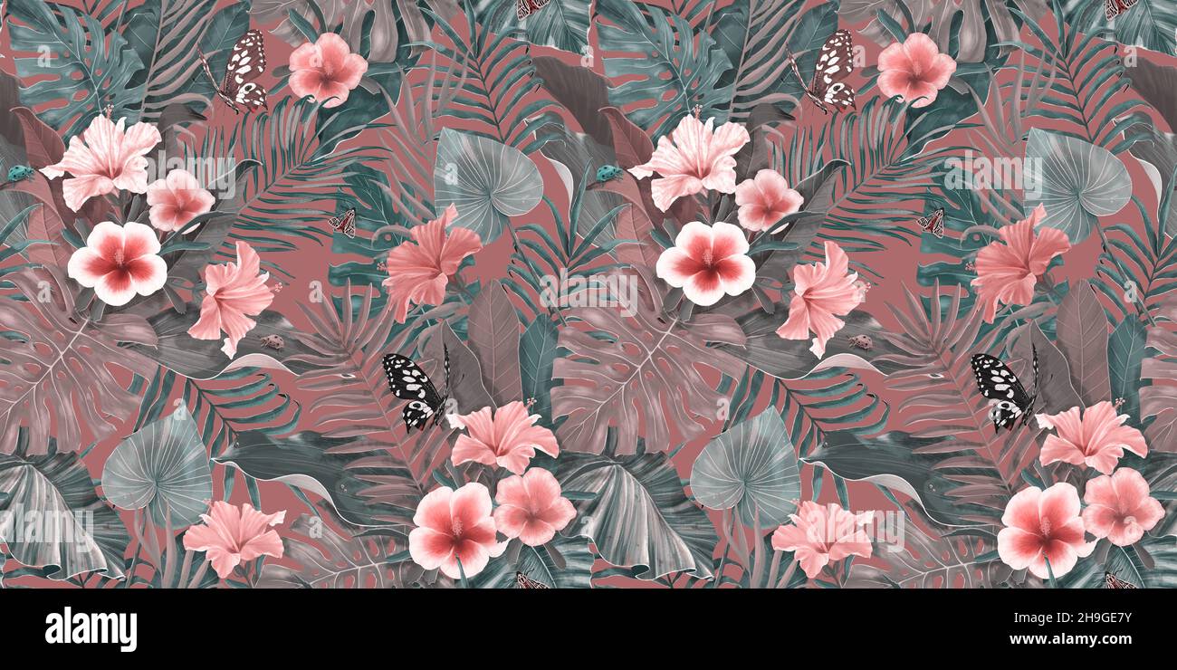 Motif tropical exotique avec fleurs d'hibiscus, papillons, feuilles tropicales.Fond floral.Illustration du schéma à main 3D. Banque D'Images
