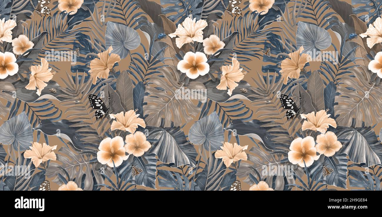 Motif tropical exotique avec fleurs d'hibiscus, papillons, feuilles tropicales.Fond floral.Illustration du schéma à main 3D. Banque D'Images