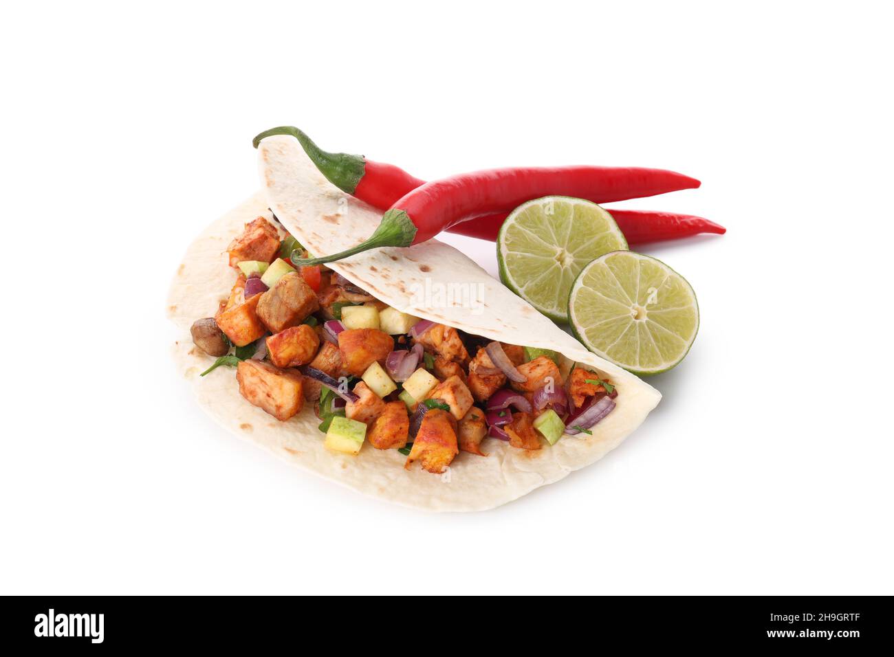 Concept de nourriture savoureuse avec taco isolé sur fond blanc Banque D'Images