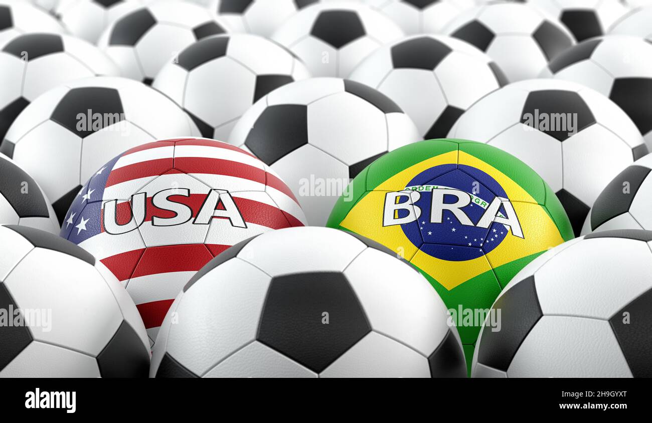 Brésil vs. USA Soccer Match - balles de football dans les couleurs nationales du Brésil et des Etats-Unis.3D rendu Banque D'Images