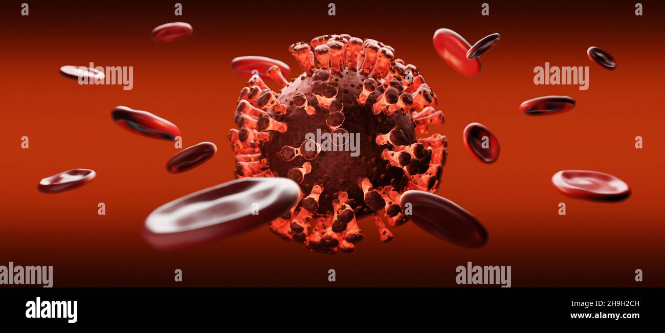 Modèle d'une cellule virale dans la circulation sanguine avec des plaquettes rouges ou des thrombocytes circulant dans la circulation sanguine, visualisation d'une infection Banque D'Images