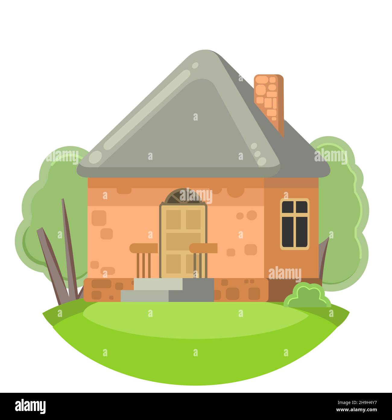 Petite maison de campagne avec murs orange et toits gris. Style de dessin animé amusant. Village suburbain de campagne. Architecture simple traditionnelle. Illustration pour Illustration de Vecteur