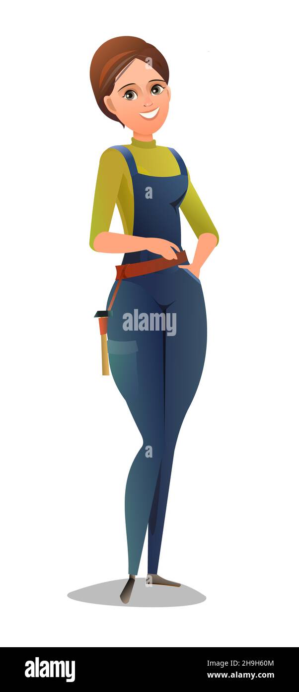 Femme en salopette.Fille de service.Homme de main, serrurier ou réparateur.Personne joyeuse.Posture debout.Motif bande dessinée plate.Caractère unique Illustration de Vecteur