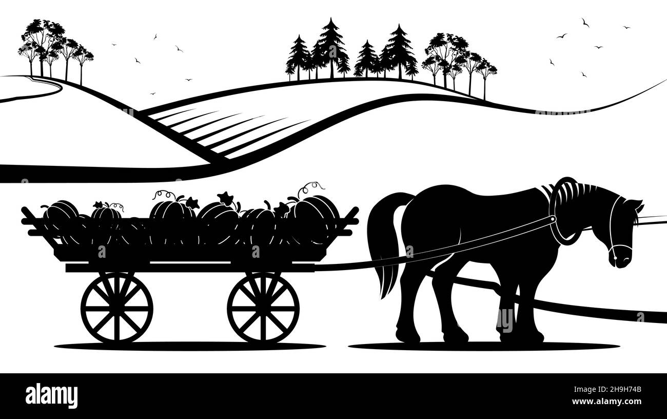 Paysage de village agricole.Un cheval fatigué traîne une charrette en bois avec récolte de citrouilles.Récolte d'automne, vie de village.Vecteur noir et blanc minimaliste Illustration de Vecteur