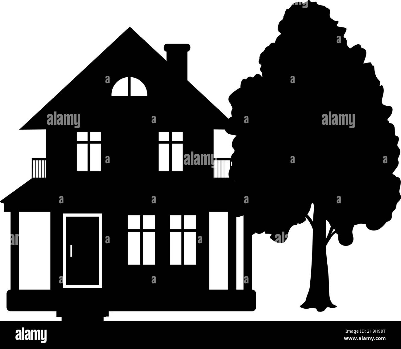 Silhouettes de maison et d'arbre. Illustration de Vecteur