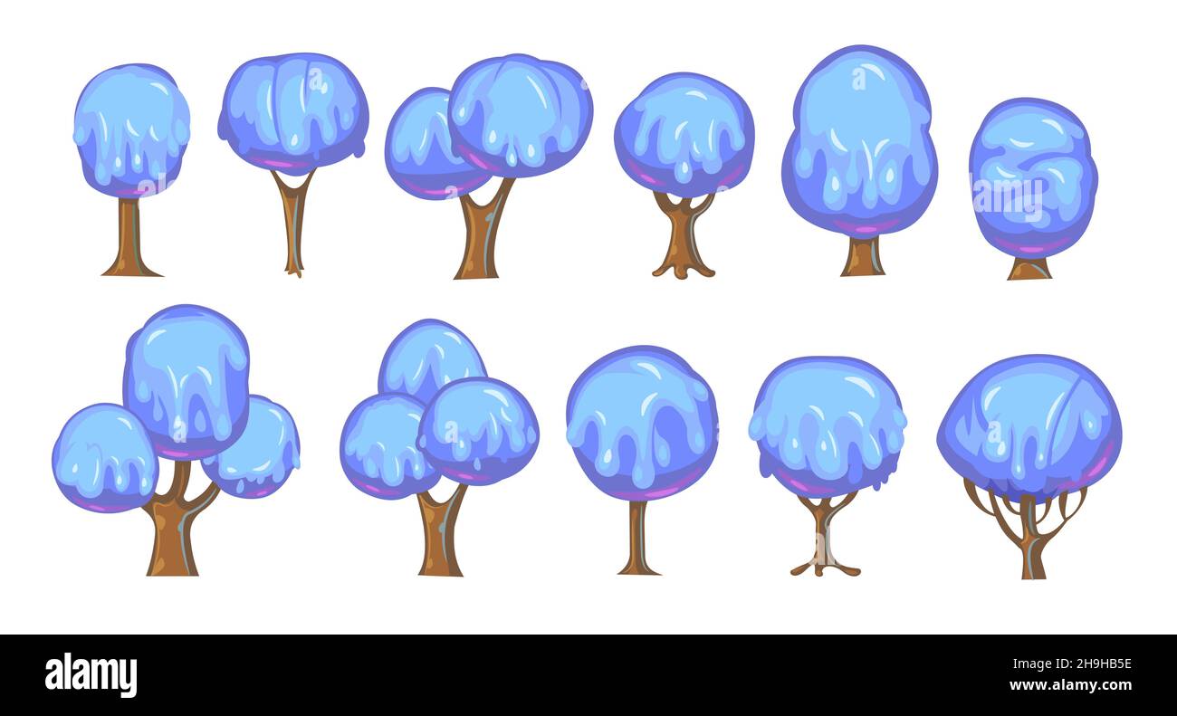Ensemble de fabuleux arbres doux.Pour les paysages au caramel bleu, à la crème glacée ou à la gelée.Transpiration.Illustration amusante pour enfants.Style de dessin animé.Vecteur Illustration de Vecteur