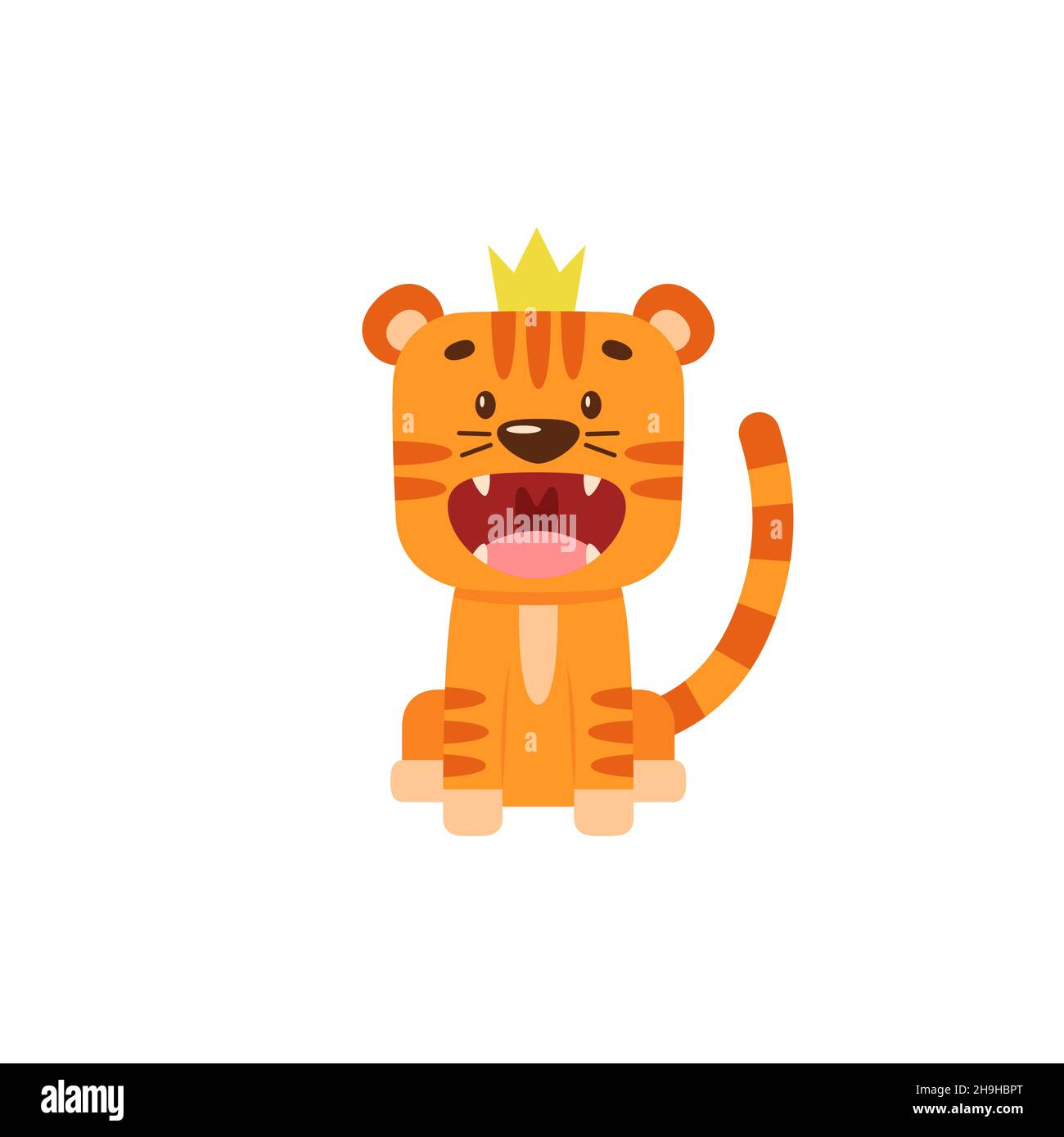 Un petit tigre de dessin animé grogne.Animal sauvage mignon assis dans la couronne.Illustration plate simple pour la conception de l'emballage des produits pour bébés, de la nourriture Illustration de Vecteur