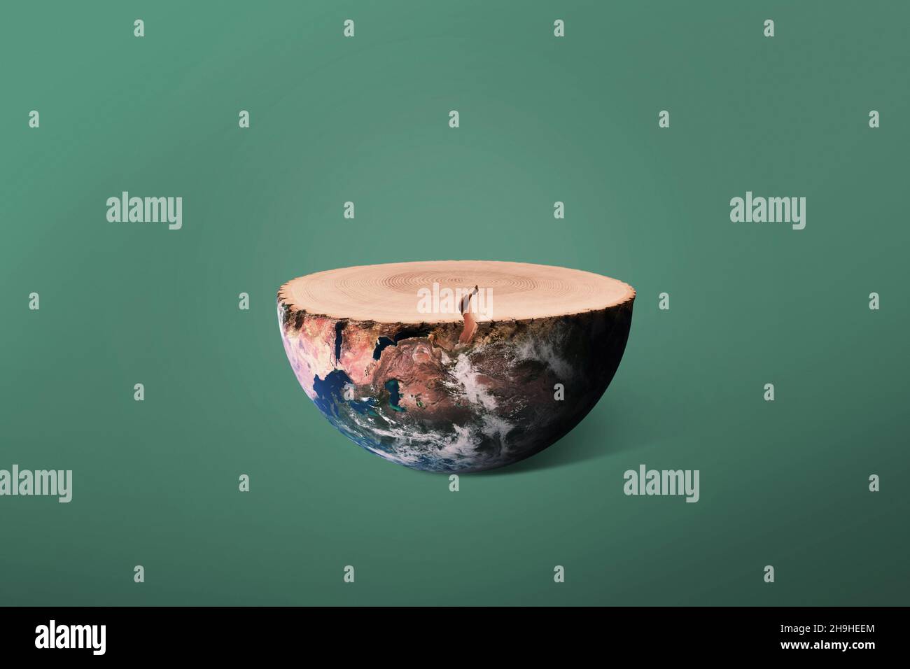 Planète terre et arbre abattu avec des anneaux, concept.Préserver l'environnement et abattre les arbres.Sol et souche de bois créatifs.Écosystème et ecol Banque D'Images