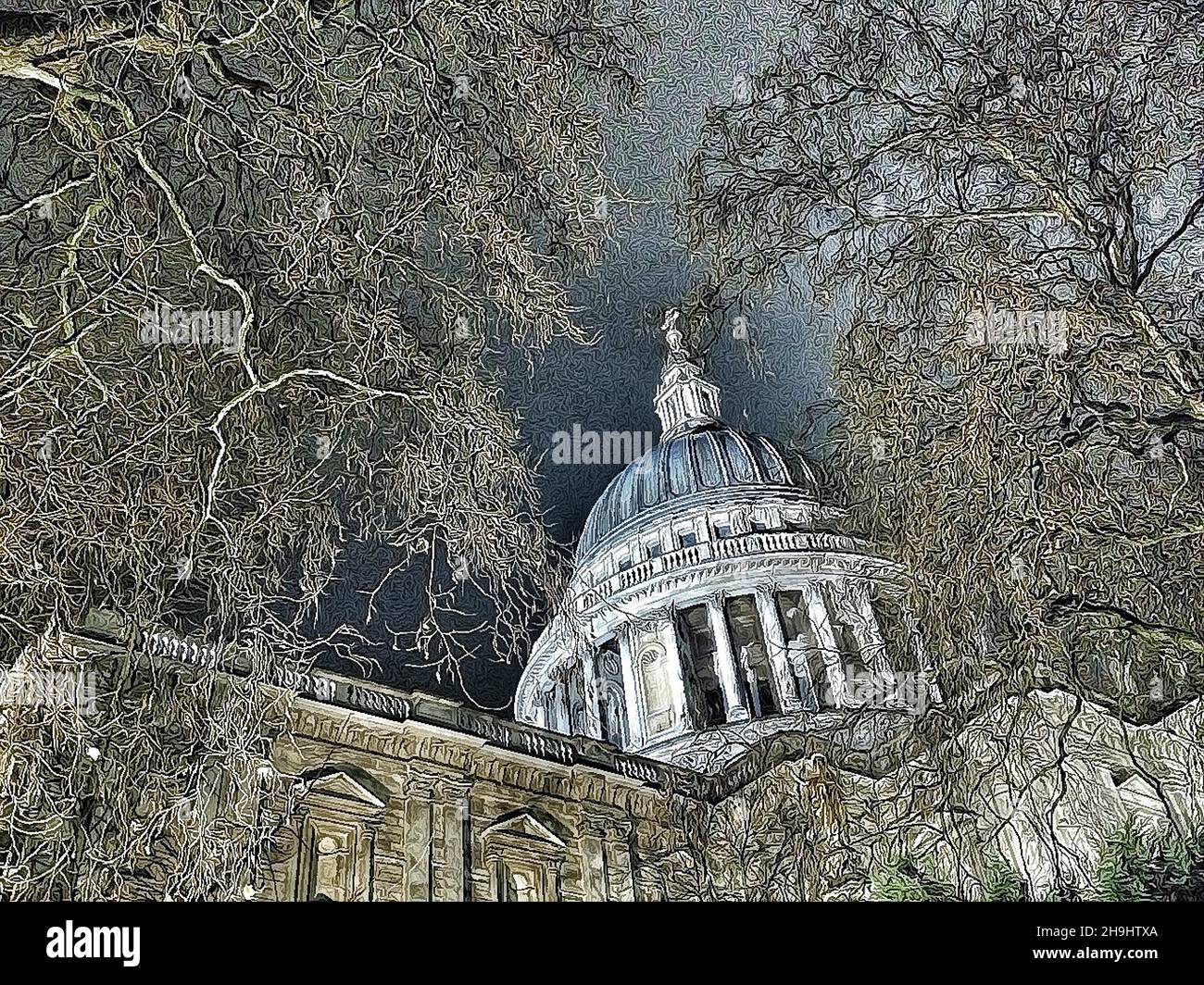 Une vue générale de la cathédrale Saint-Paul la nuit, une image prise à l'aide d'une application appelée Pro HDR et traitée dans une application appelée Shockmypic (faisant partie d'une série d'images expérimentales prises et traitées sur l'iPhone) Banque D'Images